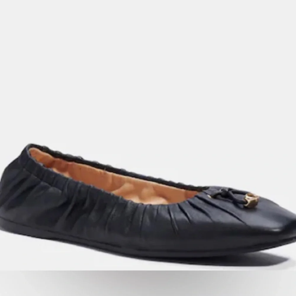 Coach Black Ruched Leather Ballet Flats with Gold Charm - Picture 5 of 8